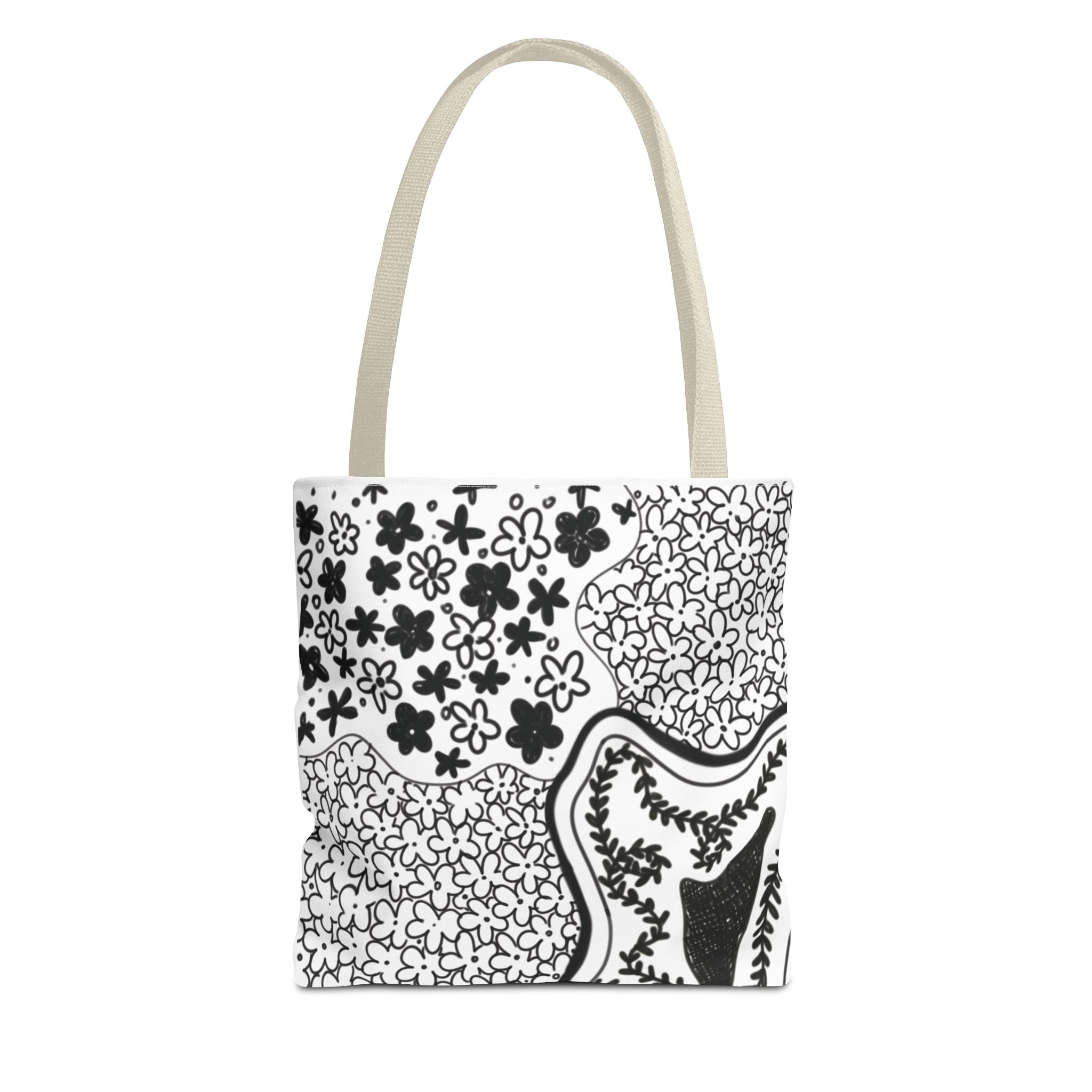 Abstract Floral Tote Bag — Monochrome Doodle Pattern All-Over Print