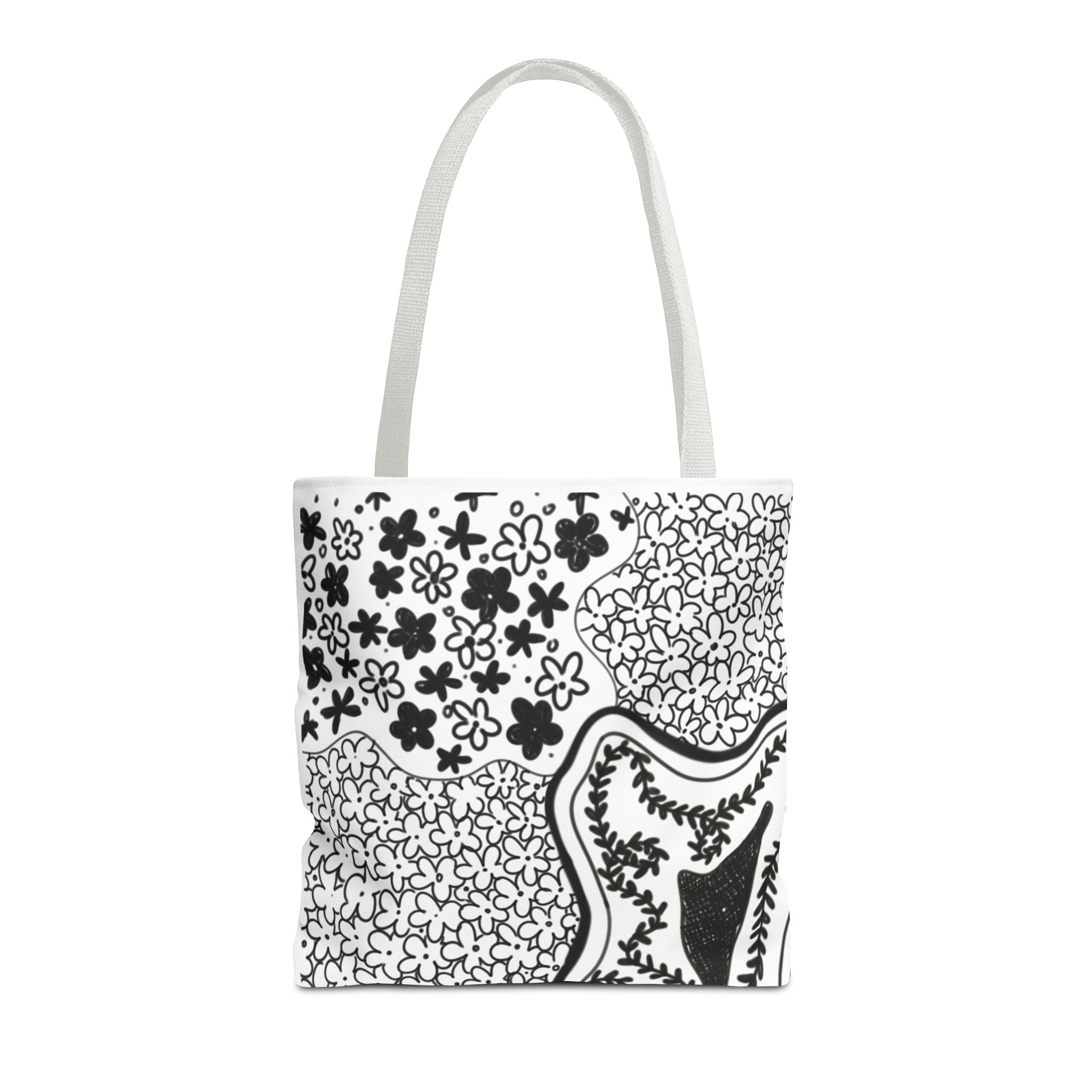 Abstract Floral Tote Bag — Monochrome Doodle Pattern All-Over Print