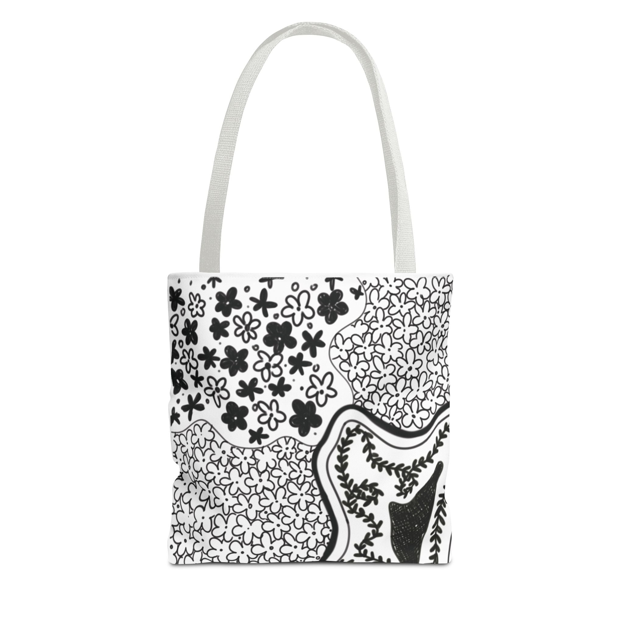 Abstract Floral Tote Bag — Monochrome Doodle Pattern All-Over Print