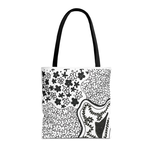 Abstract Floral Tote Bag — Monochrome Doodle Pattern All-Over Print