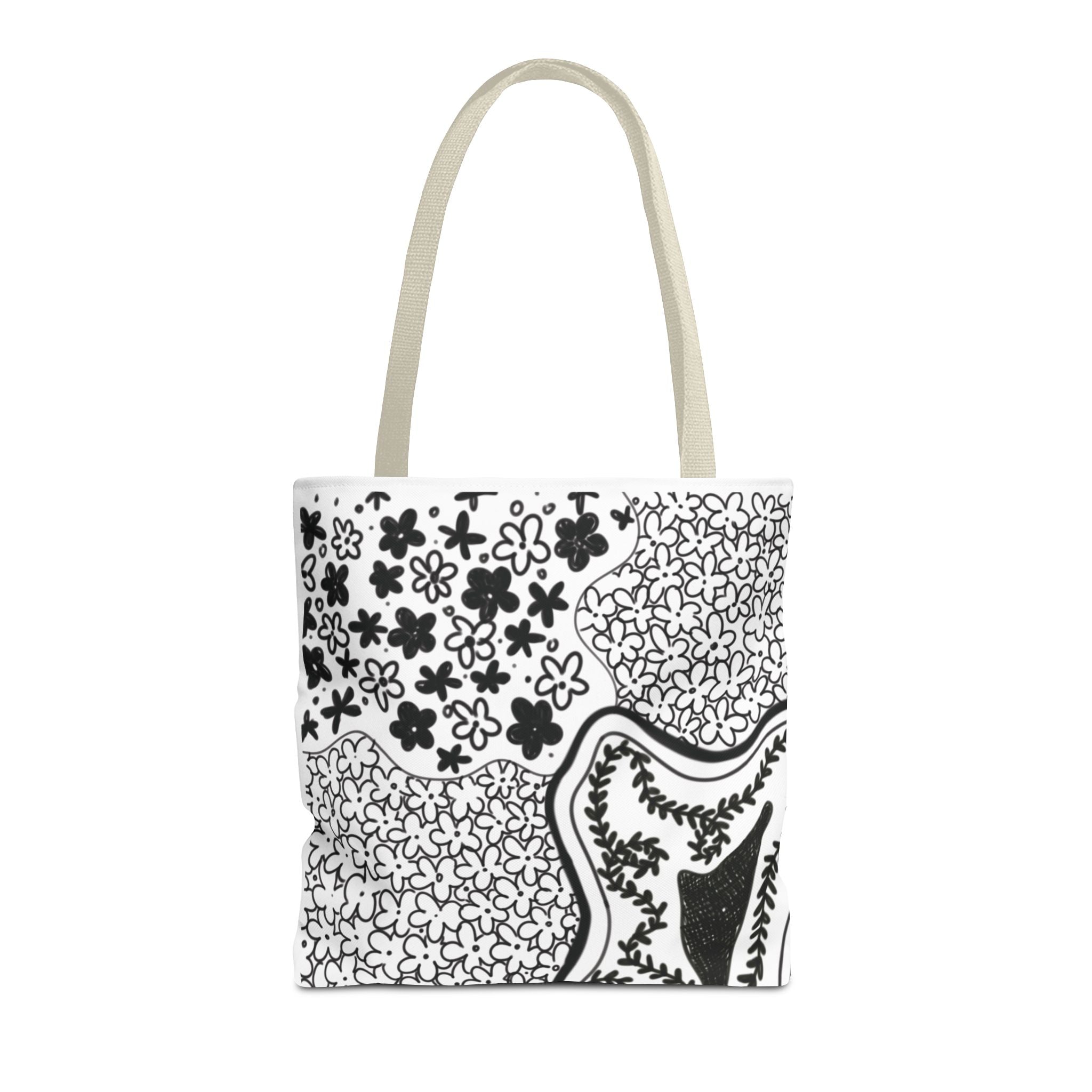 Abstract Floral Tote Bag — Monochrome Doodle Pattern All-Over Print