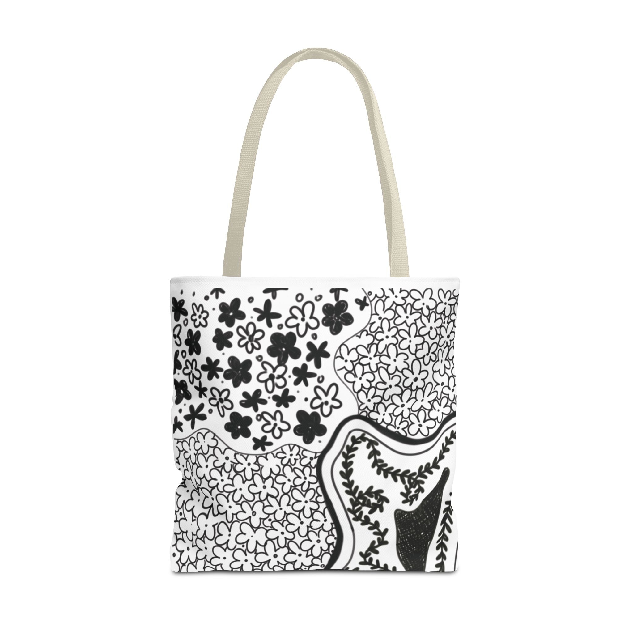 Abstract Floral Tote Bag — Monochrome Doodle Pattern All-Over Print