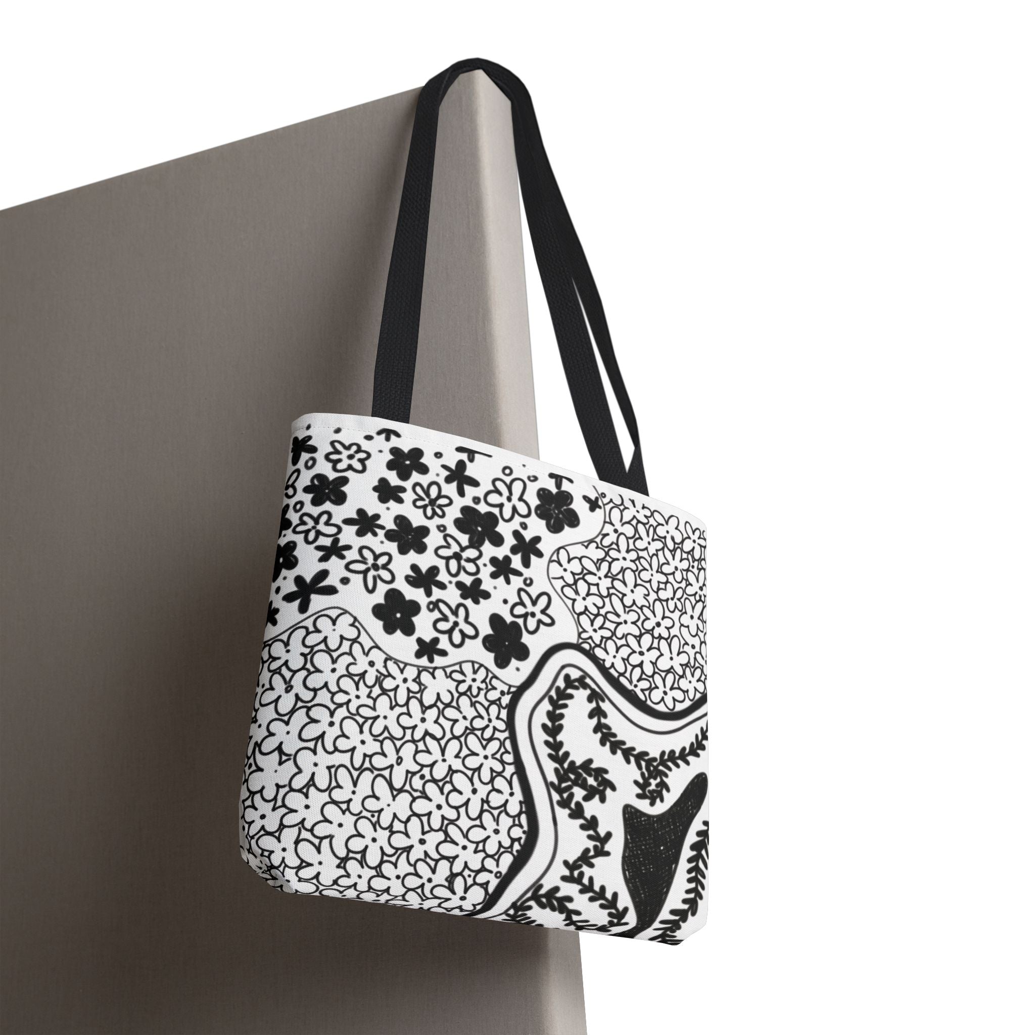 Abstract Floral Tote Bag — Monochrome Doodle Pattern All-Over Print